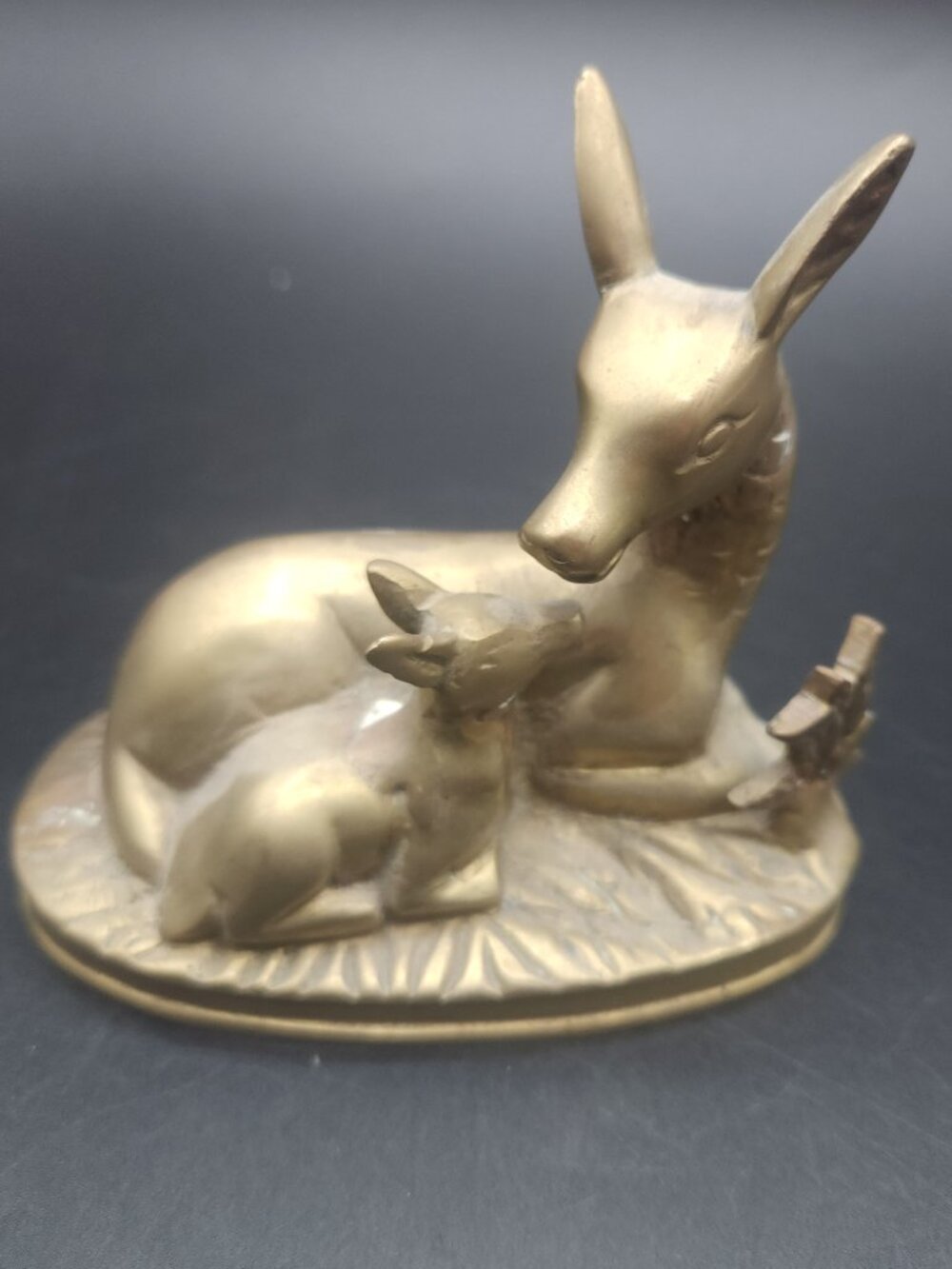 Brass Doe and Fawn Lying Sculpture 4.25” Deer Nice Detail